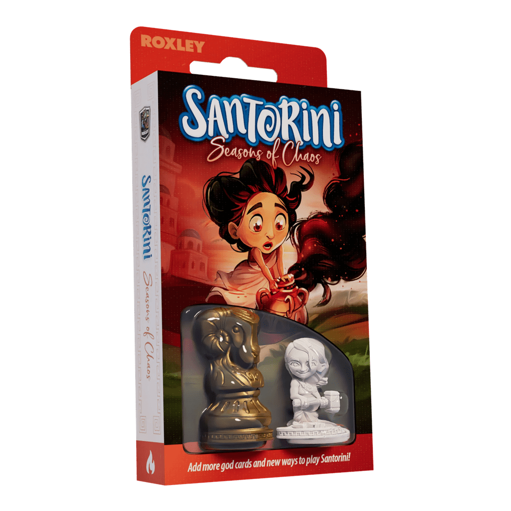 The Santorini: Seasons of Chaos Expansion by Roxley Games features vibrant art with a cheerful cartoon girl and two game pieces—bronze and white—visible in a window, plus the Roxley logo on the top left, hinting at new character cards inside.