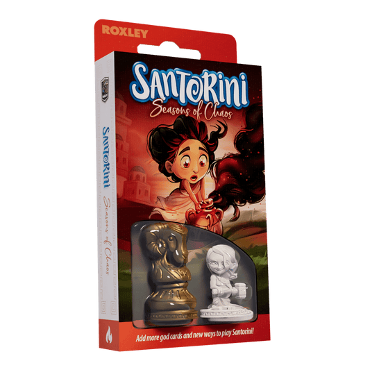 The Santorini: Seasons of Chaos Expansion by Roxley Games features vibrant art with a cheerful cartoon girl and two game pieces—bronze and white—visible in a window, plus the Roxley logo on the top left, hinting at new character cards inside.