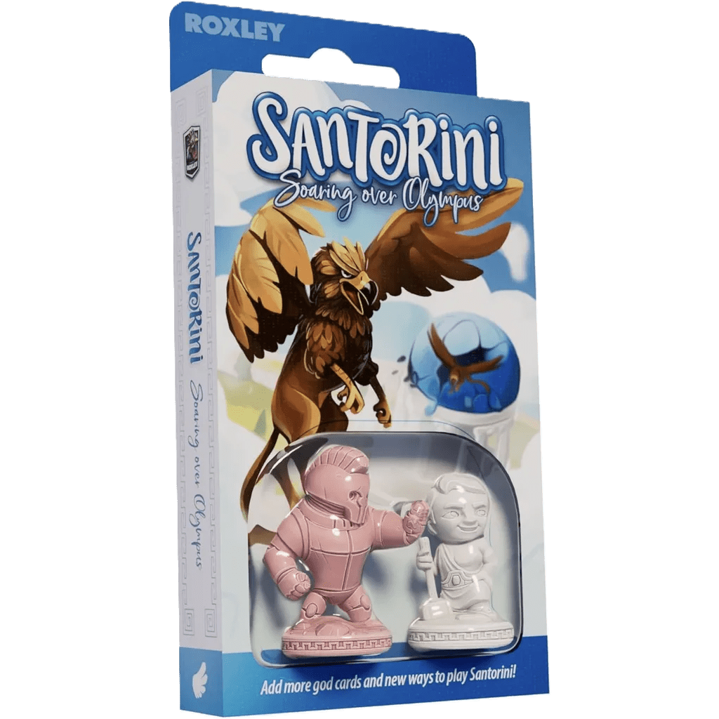 Santorini: Second Edition Bundle by Roxley Games includes a striking box with a winged griffin soaring above a blue-and-white Greek landscape, plus two plastic figures—one bronze, one silver—viewable through a clear window. Perfect for Santorini fans!.