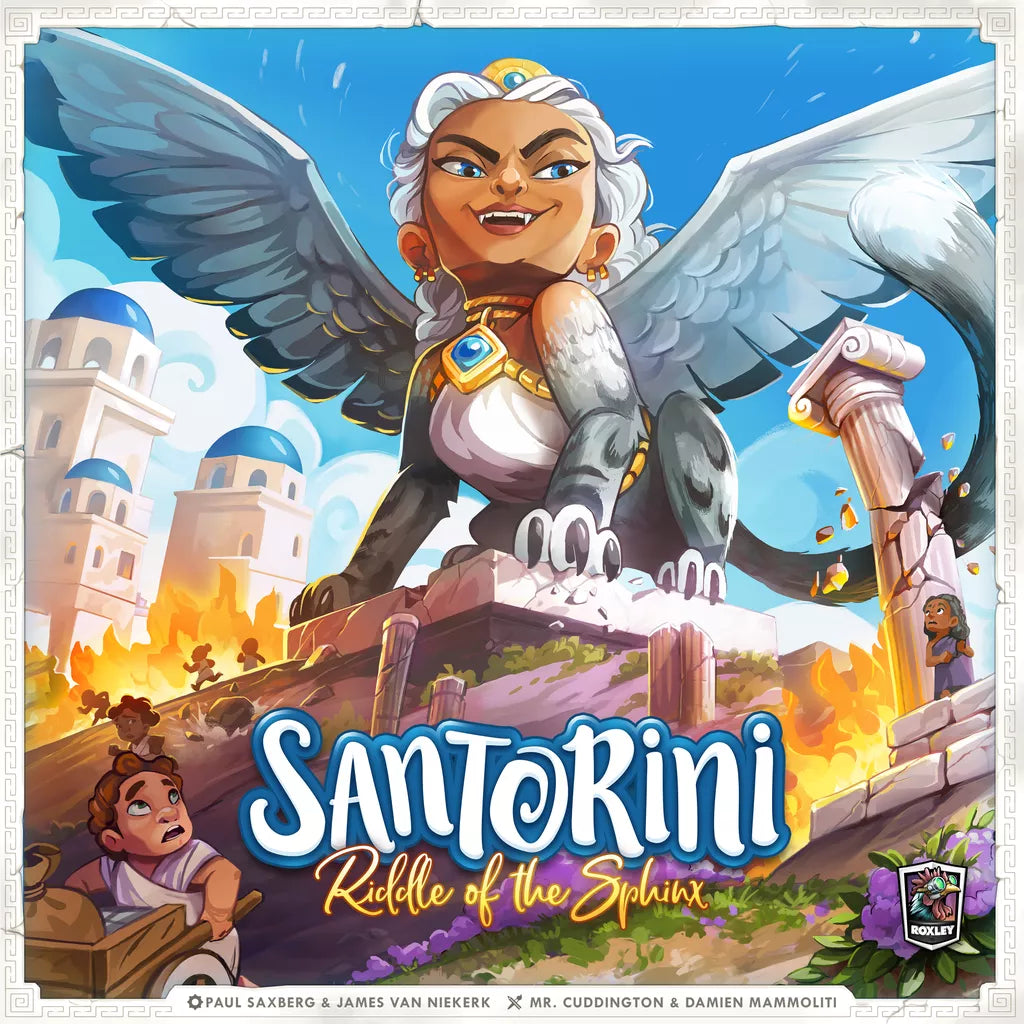 A majestic sphinx with wings and jewelry perches on ancient ruins, watching a girl in Greek robes gaze up in awe. White buildings evoke the strategic world of Santorini. Text displays: Santorini: Second Edition Bundle by Roxley Games.