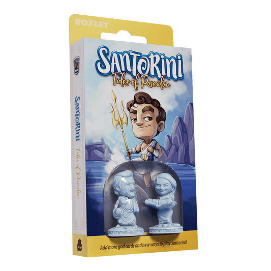 The Santorini: Tides of Poseidon Expansion by Roxley Games features a cartoon Poseidon with his trident on the box and displays two blue god figure game pieces in a window at the bottom.