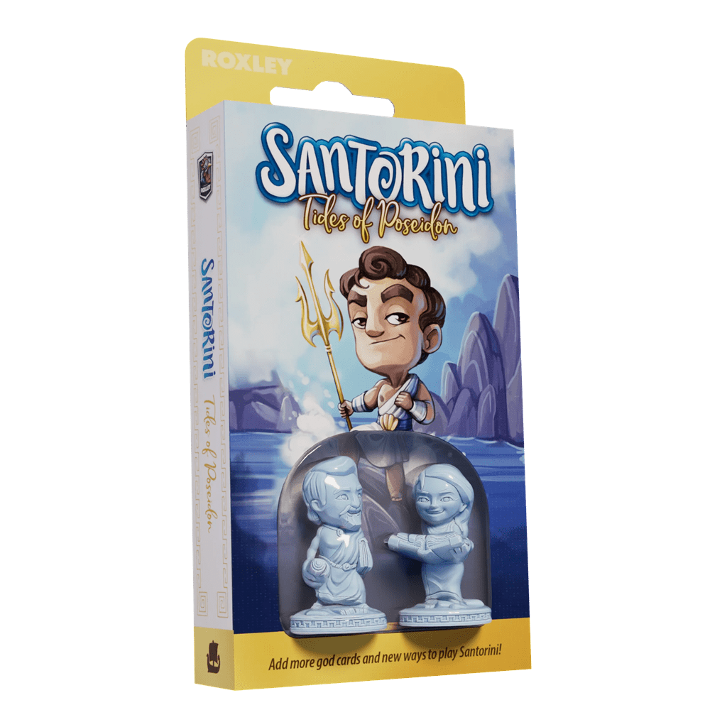 Santorini: Card Pack Bundle by Roxley Games features cartoon Poseidon with a trident above two sculpted gods, set against a rocky sea backdrop and blue-white packaging.