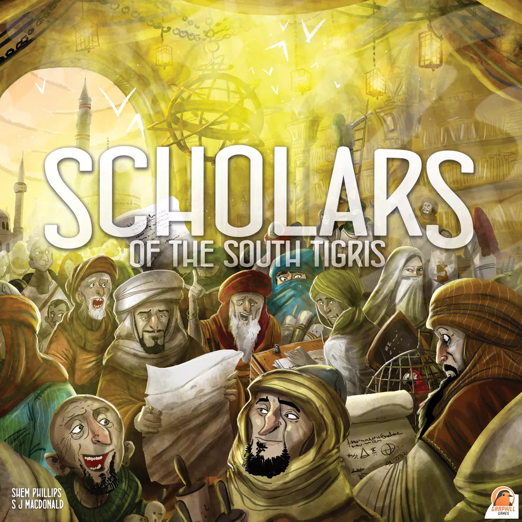The cover of Scholars of South Tigris by Garphill Games features diverse scholars in turbans and robes reading scrolls and books at the House of Wisdom, with golden light, domes, and towers evoking the Abbasid Caliphate.