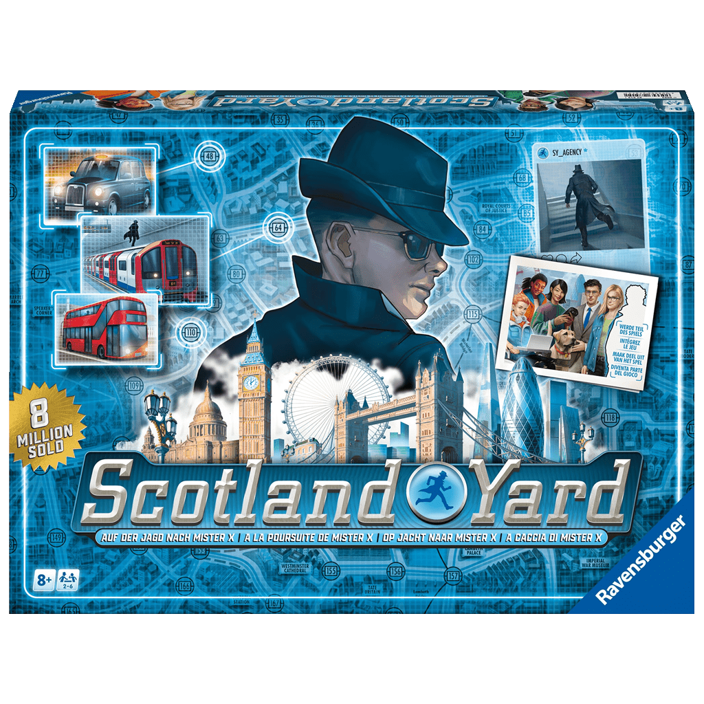 The Scotland Yard 2024 Edition EN/DE/ES/FR/IT/NL/PT box features a mysterious man in sunglasses and hat, London landmarks, red buses, a city map, police officers, and the Ravensburger logo in the bottom right corner.