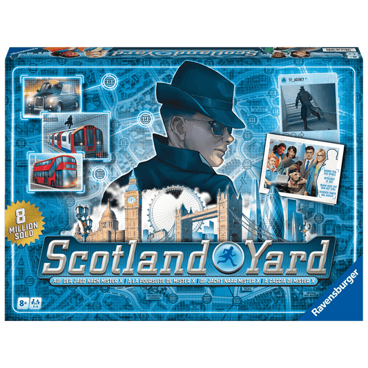 The Scotland Yard 2024 Edition EN/DE/ES/FR/IT/NL/PT box features a mysterious man in sunglasses and hat, London landmarks, red buses, a city map, police officers, and the Ravensburger logo in the bottom right corner.