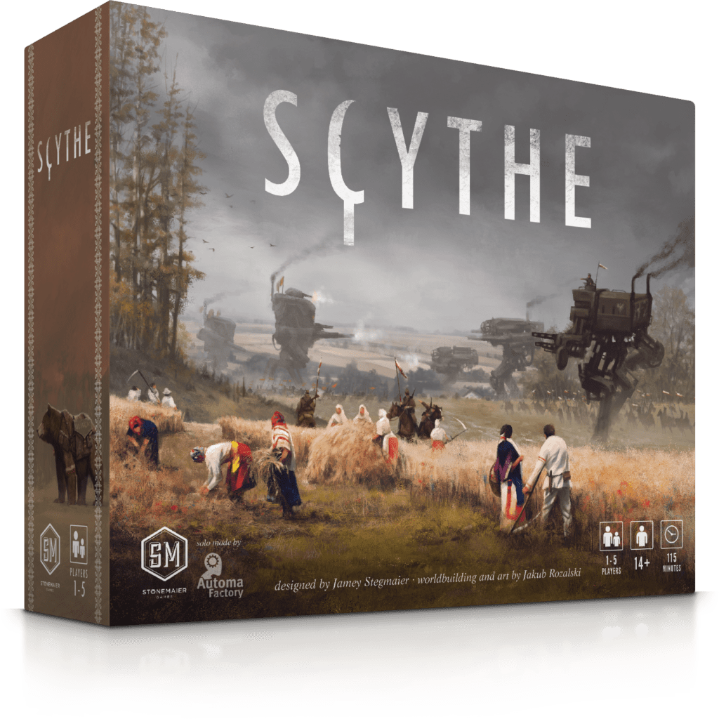 The box for Scythe by Stonemaier Games depicts people harvesting wheat in a field as giant mechs tower behind them, with the game’s title, Scythe, displayed at the top.