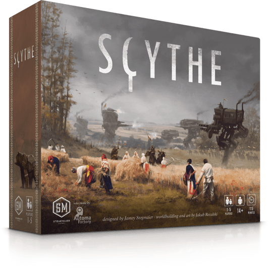 The box for Scythe by Stonemaier Games depicts people harvesting wheat in a field as giant mechs tower behind them, with the game’s title, Scythe, displayed at the top.