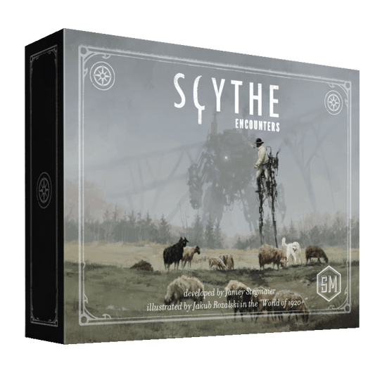 The Scythe: Encounters box by Stonemaier Games shows a pastoral scene with animals, a tall machine, and a mech in mist. It includes promo encounter cards, with the title and credits on the front.