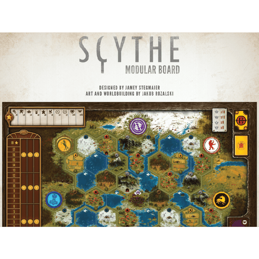 The Scythe Modular Board by Stonemaier Games is a double-sided illustrated board with hex tiles for diverse terrains, faction tokens, resource markers, and scoring/tracking panels along the edges.