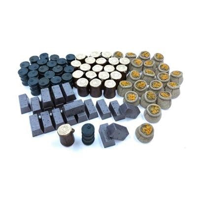 Scythe: Realistic Resources by Stonemaier Games includes detailed barrels, crates, bags, and stone containers—perfect board game accessories and ideal as Scythe resource tokens for tabletop gaming. Displayed in groups on a white background.