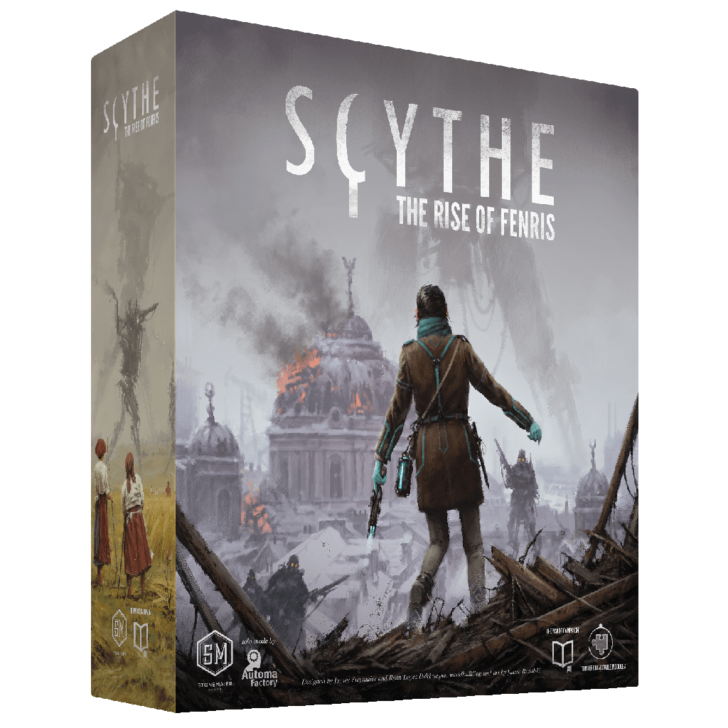 The box cover of Scythe: Rise of Fenris Expansion (English) by Stonemaier Games depicts a figure with a rifle among ruins, staring at domed buildings and giant mechs in the distance.