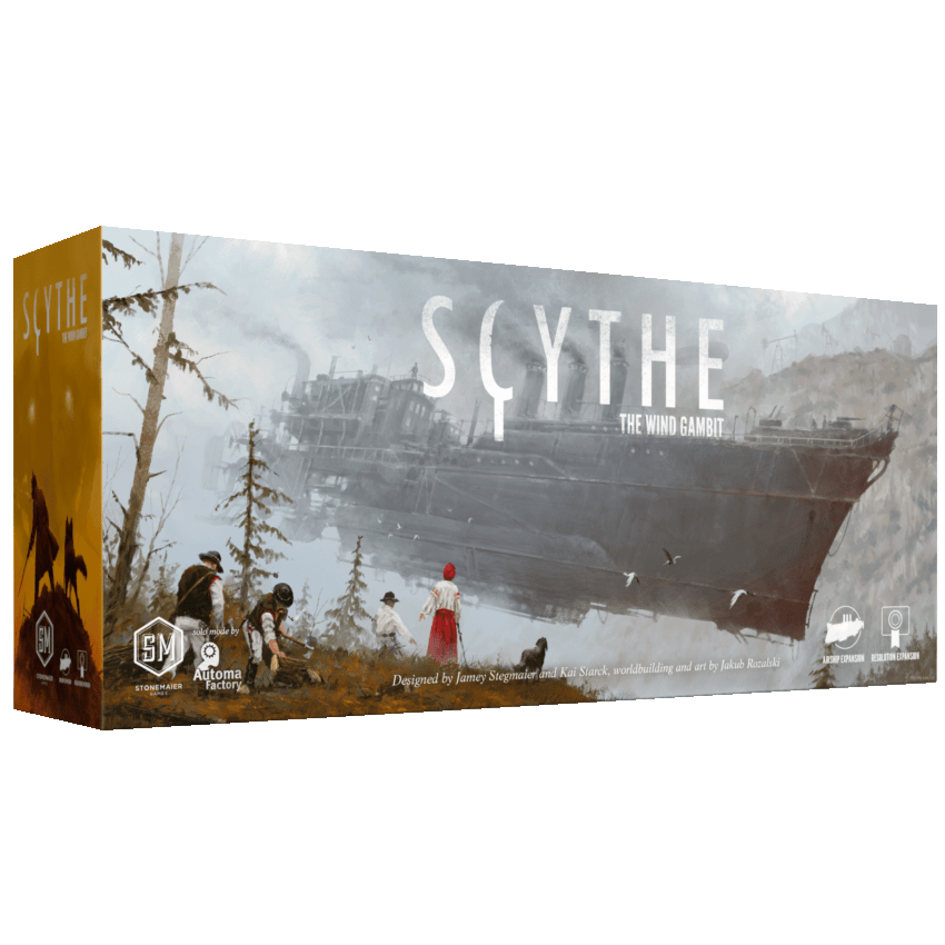 The box cover for Scythe: The Wind Gambit by Stonemaier Games shows a large airship flying over a misty landscape with people and animals below, and the game’s title clearly displayed.