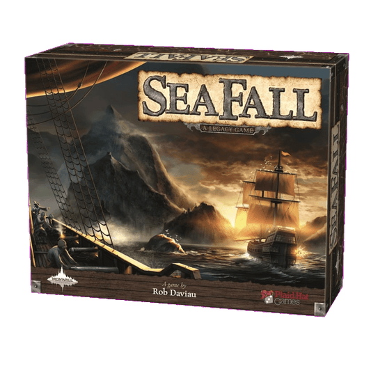 The image shows the box for SeaFall - A Legacy Game by Plaid Hat Games, featuring a large ship sailing toward a mountainous coast at sunset, another ship in the distance, and the SeaFall title displayed prominently.
