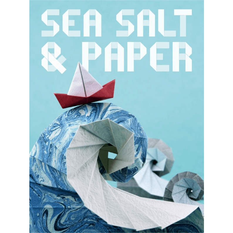 An origami red and white boat sails a blue swirled paper wave as "Sea Salt & Paper" from Bombyx, the bold set collection card game, appears in geometric white letters on a light blue background.