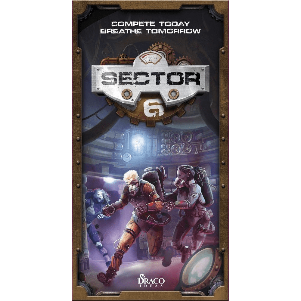 The Sector 6 box cover by Draco Ideas features two astronauts in futuristic suits running inside a gear-filled space station, with the tagline "Compete Today, Breathe Tomorrow" displayed at the top.