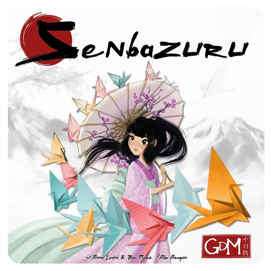 A girl in a pink and purple kimono holds a parasol amid vibrant origami cranes, with mountains and mist behind her. “Senbazuru - EN/DE/FR/ES” by GDM Games appears at the top on a red brushstroke, evoking this elegant origami game.