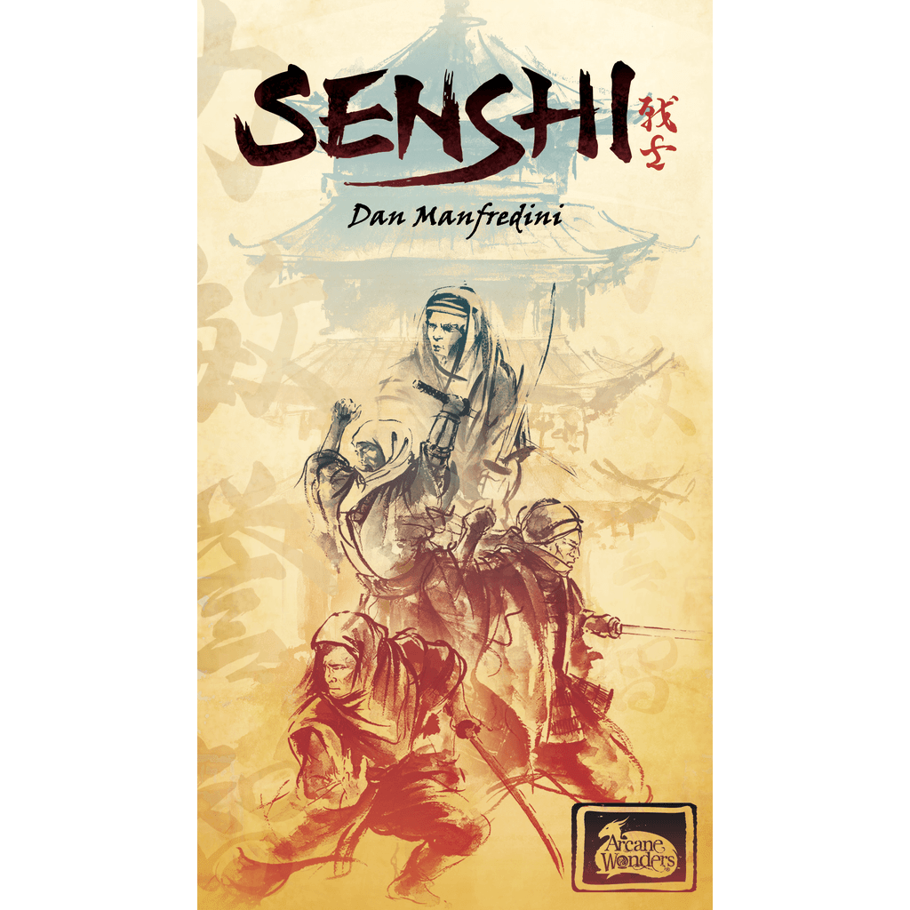 Arcane Wonders' Senshi board game cover by Dan Manfredi shows four samurai warriors with swords and staffs, set against a pagoda and brushstroke motifs. Senshi is a 2-4 player strategy and skill game.