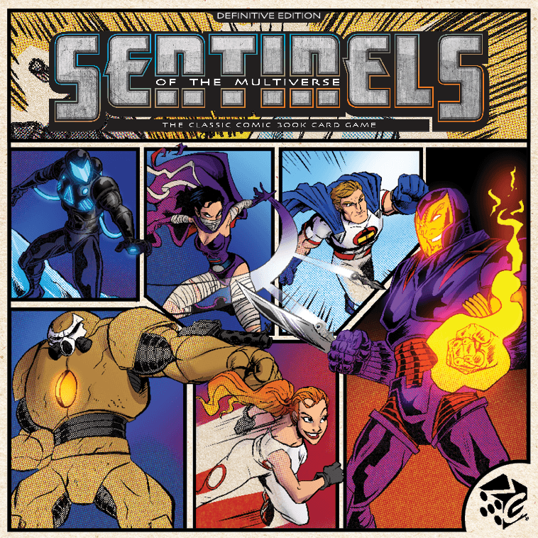Comic-style cover art for Greater Than Games’ Sentinels of the Multiverse: Definitive Edition features six diverse superheroes in dynamic poses, with bold colors and backgrounds that capture a classic comic book vibe.