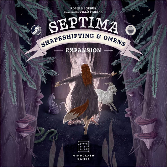 In Mindclash Games’ Septima: Shapeshifting & Omens, a woman in a brown cloak stands in a mystical forest with her animal forms—a white wolf and green snake—nearby, surrounded by purple trees and magical symbols.