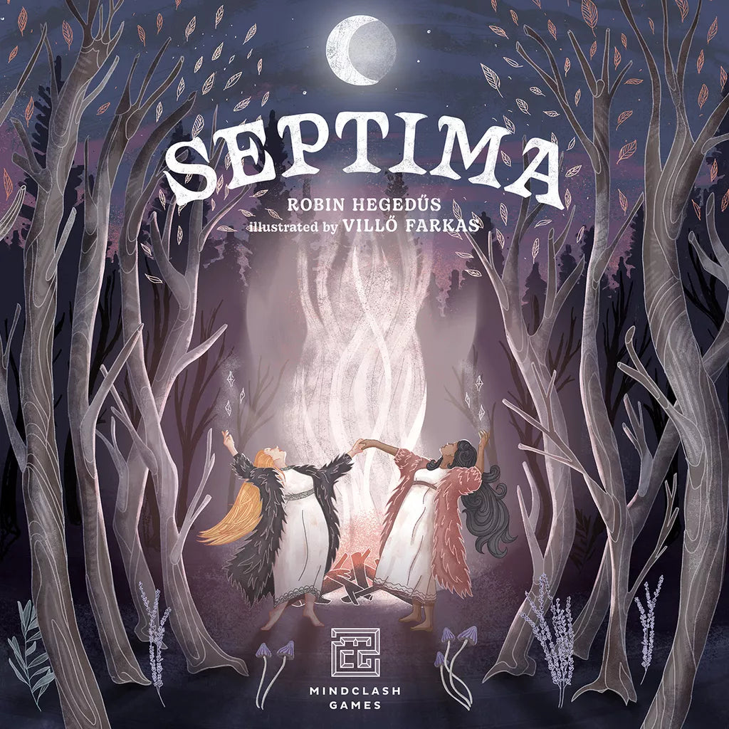 Box art for Septima by Mindclash Games shows two women dancing around a glowing fire in a mystical night forest, with a large moon and swirling leaves above. Game details appear at the top of this witchcraft strategy board game.