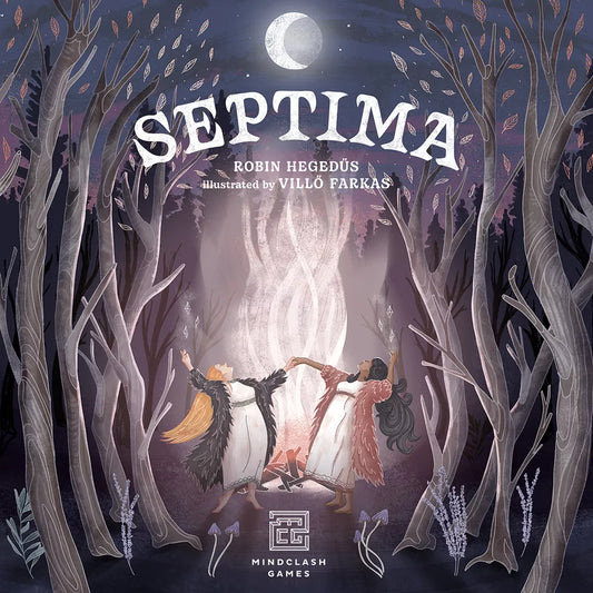 Box art for Septima by Mindclash Games shows two women dancing around a glowing fire in a mystical night forest, with a large moon and swirling leaves above. Game details appear at the top of this witchcraft strategy board game.
