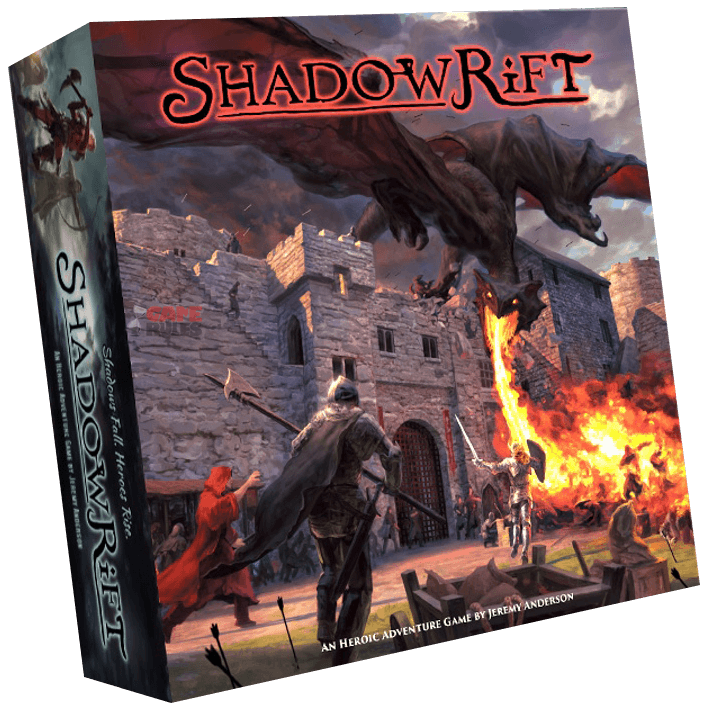Box cover of Shadowrift 2nd Edition by Game Salute, depicting armored heroes fighting monsters and a dragon attacking a medieval stone fortress in fiery chaos. The game's title appears prominently at the top.