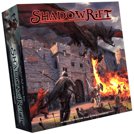 Box cover of Shadowrift 2nd Edition by Game Salute, depicting armored heroes fighting monsters and a dragon attacking a medieval stone fortress in fiery chaos. The game's title appears prominently at the top.