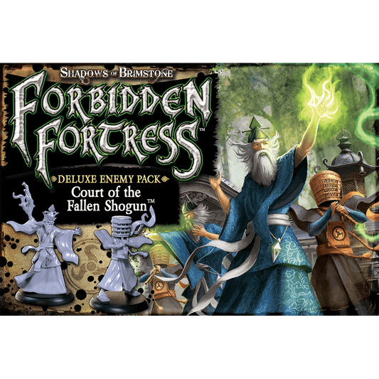 The box art for Flying Frog Productions’ Shadows of Brimstone: Court of the Fallen Shogun Deluxe Enemy Pack displays mystical figures, including a spell-casting wizard and samurai warriors, along with detailed game miniatures.
