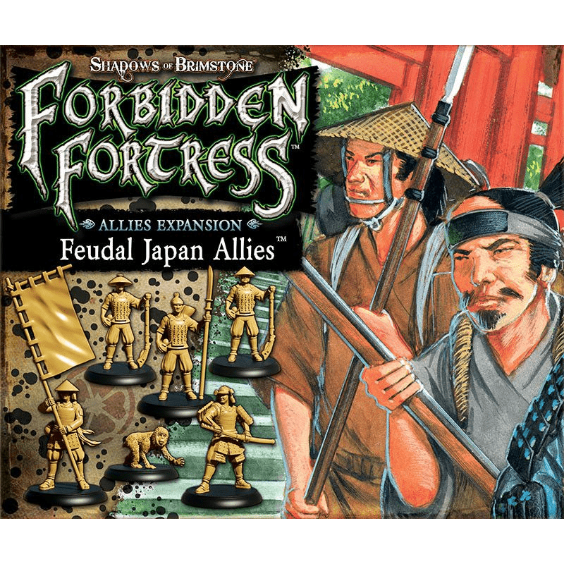 Box cover for Flying Frog Productions’ Shadows of Brimstone: Feudal Japan Allies Ally Expansion Set, featuring samurai figures, painted miniatures, and warriors in traditional Japanese attire with swords and banners.