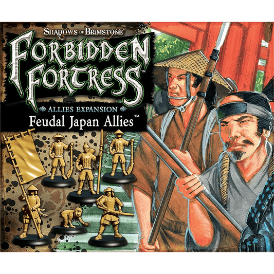 Box cover for Flying Frog Productions’ Shadows of Brimstone: Feudal Japan Allies Ally Expansion Set, featuring samurai figures, painted miniatures, and warriors in traditional Japanese attire with swords and banners.