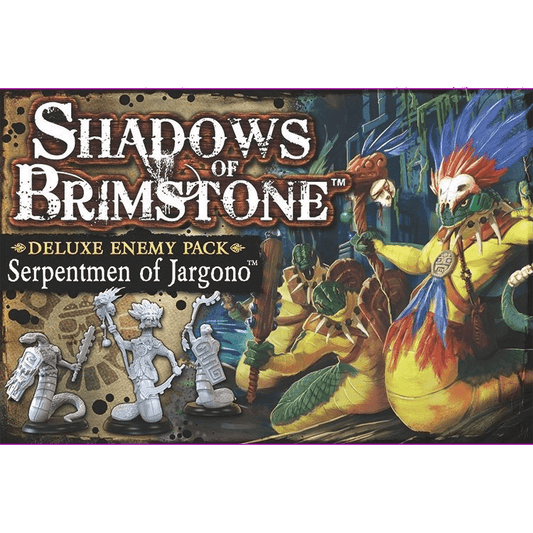 Box art for Flying Frog Productions’ Shadows of Brimstone: Serpentmen of Jargono Deluxe Enemy Pack features illustrated serpent warriors and images of the included miniatures along the left side.