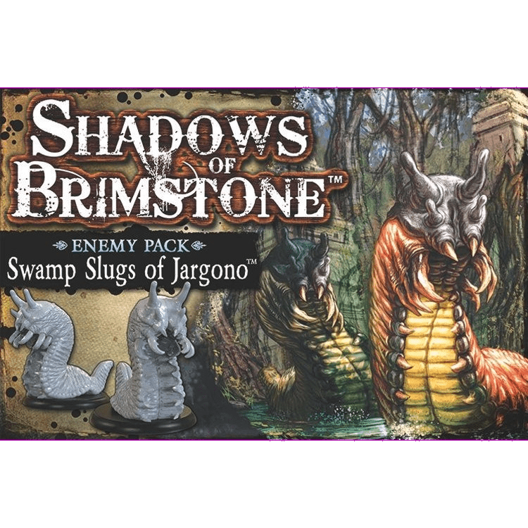 Box art for Flying Frog Productions’ Shadows of Brimstone: Swamp Slugs of Jargono Enemy Pack, showing giant illustrated Swamp Slugs and two gray slug miniatures on the left.