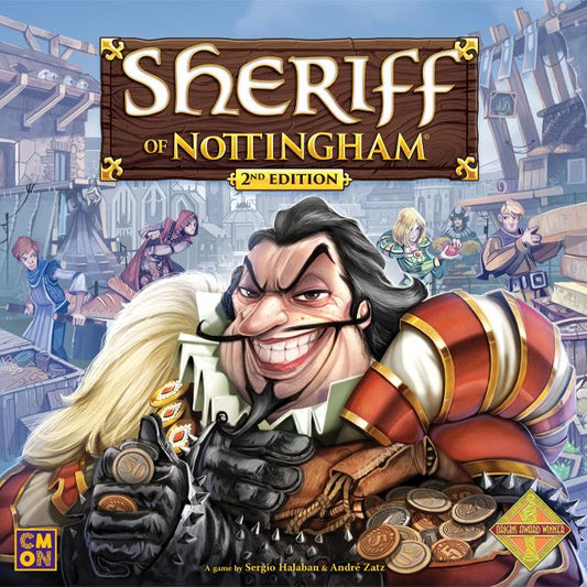 Cover art for Sheriff of Nottingham (Second Edition) by Cool Mini Or Not, showing a smug sheriff with coins amid townspeople and concealed contraband in a lively medieval marketplace.