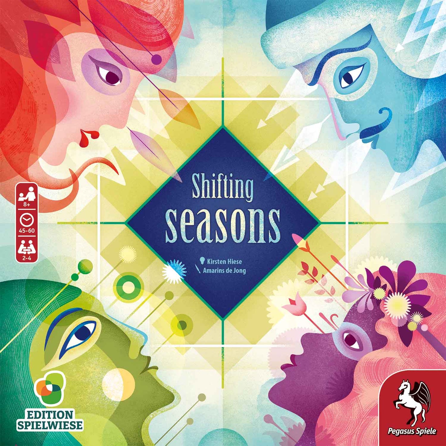 Four stylized faces for each season circle a blue diamond with the title “Shifting Seasons EN/DE” by Pegasus Spiele. Season tiles and board game elements feature in the corners, adding a strategic flair to this abstract design.
