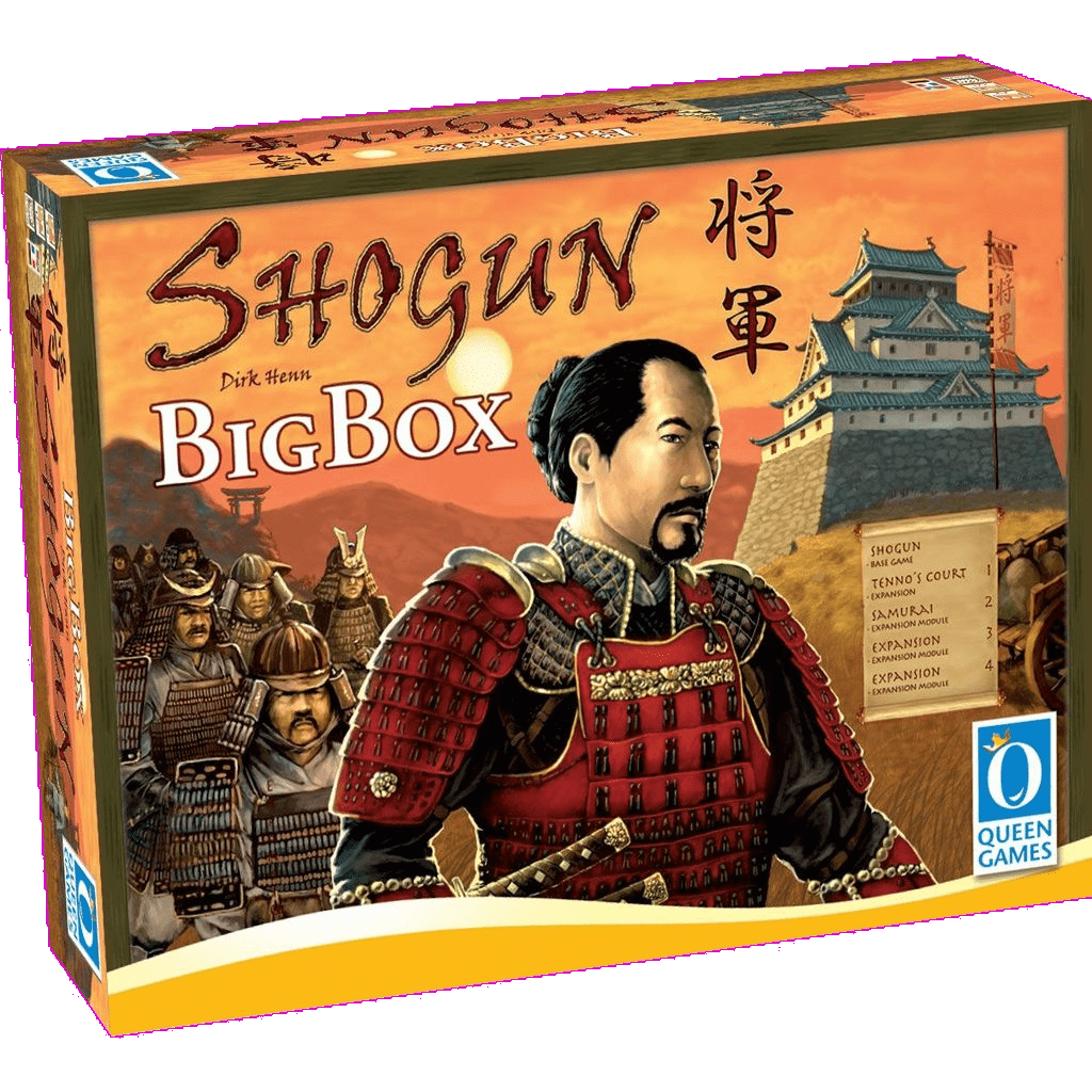 Box cover of Shogun Big Box EN/DE by Queen Games features a samurai leader in armor, warriors, a pagoda-style castle, Japanese text, and an orange sky—artwork inspired by Shogun expansions.