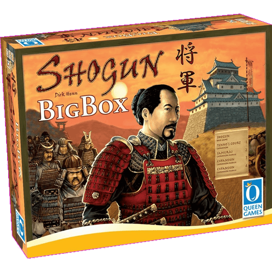 Box cover of Shogun Big Box EN/DE by Queen Games features a samurai leader in armor, warriors, a pagoda-style castle, Japanese text, and an orange sky—artwork inspired by Shogun expansions.