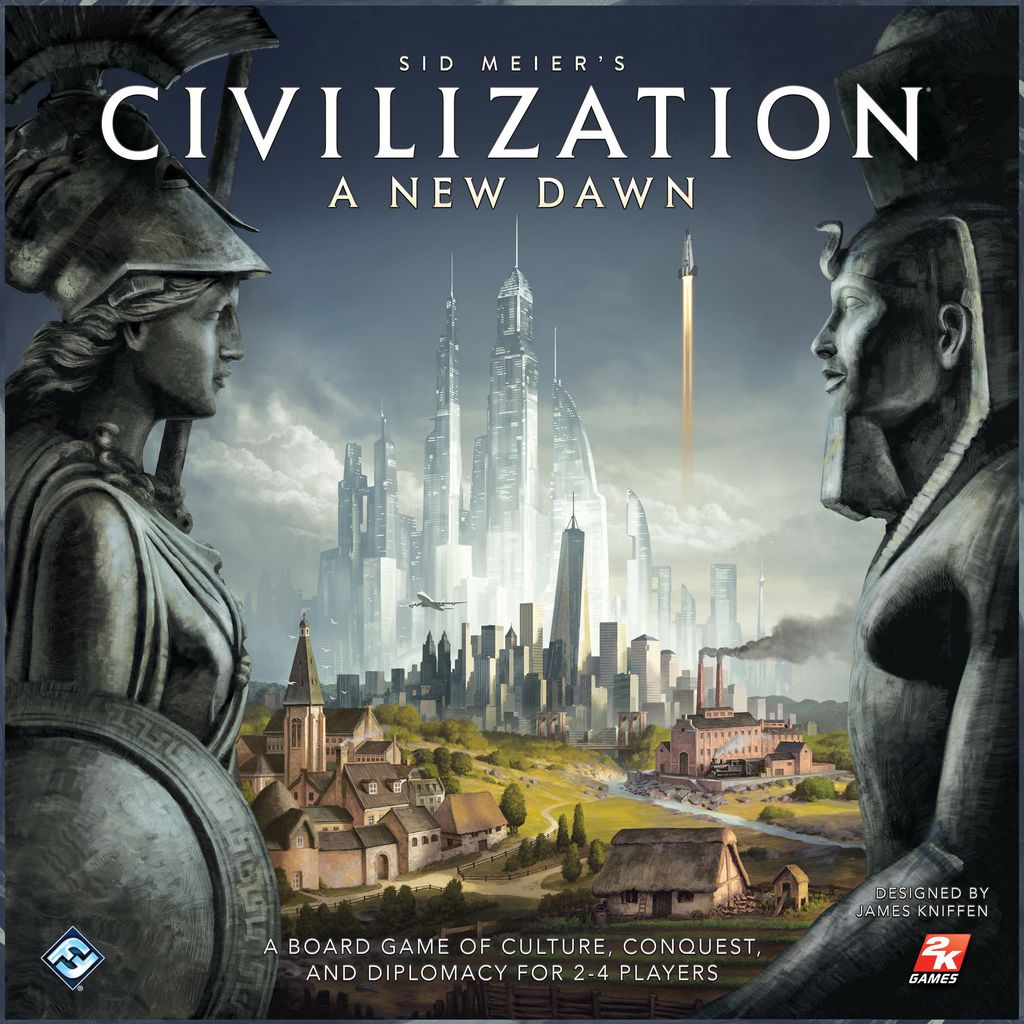 Two large stone statues face each other as a city of historic buildings, modern skyscrapers, and rockets rises between them. Text: Sid Meier’s Civilization: A New Dawn by Fantasy Flight Games—the ultimate strategy board game.