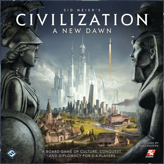 Two large stone statues face each other as a city of historic buildings, modern skyscrapers, and rockets rises between them. Text: Sid Meier’s Civilization: A New Dawn by Fantasy Flight Games—the ultimate strategy board game.