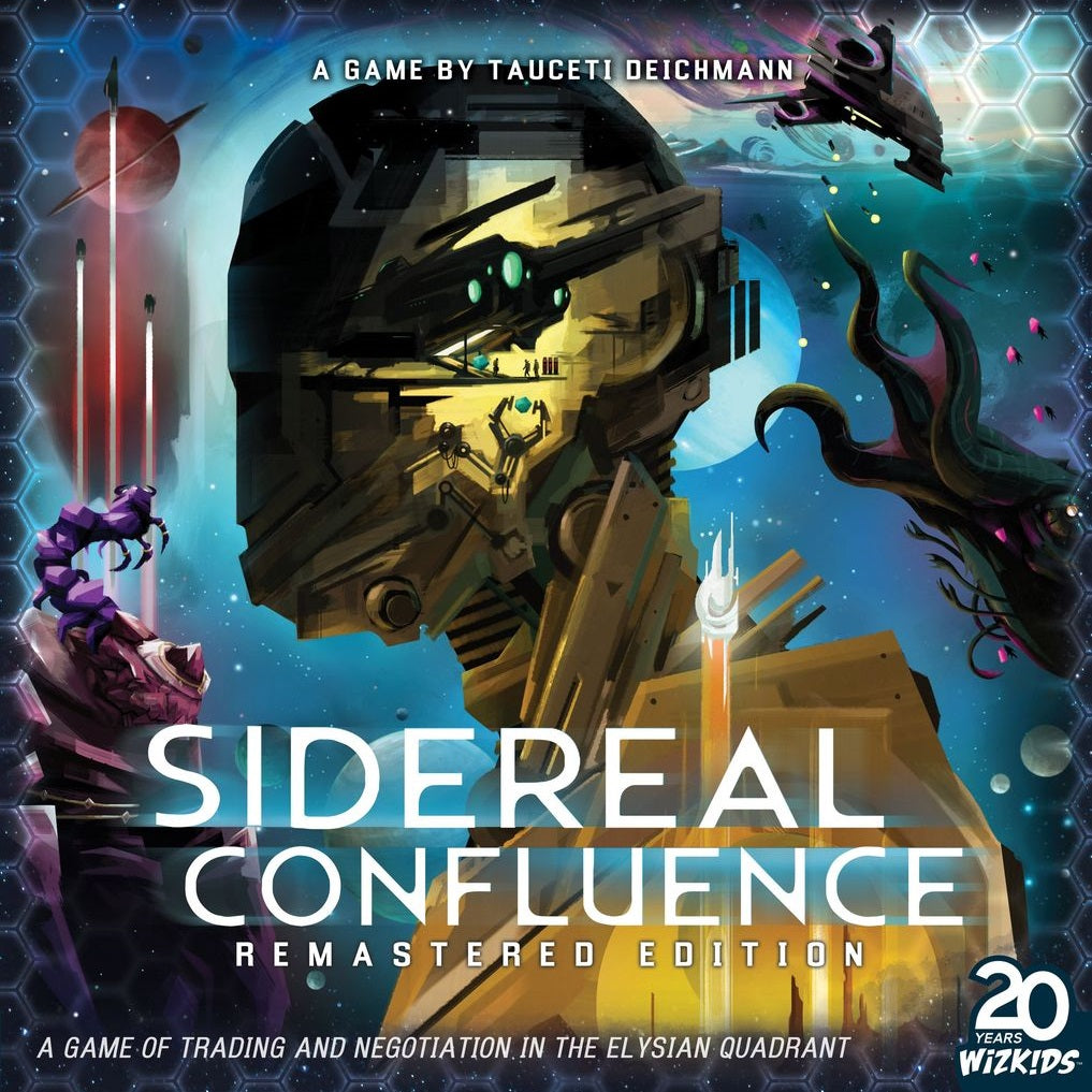 Cover art for Sidereal Confluence: Remastered Edition Second Edition by Wizkids, showing a golden robotic head, vibrant alien figures, and futuristic buildings on a cosmic backdrop, with the game title and credits overlayed.