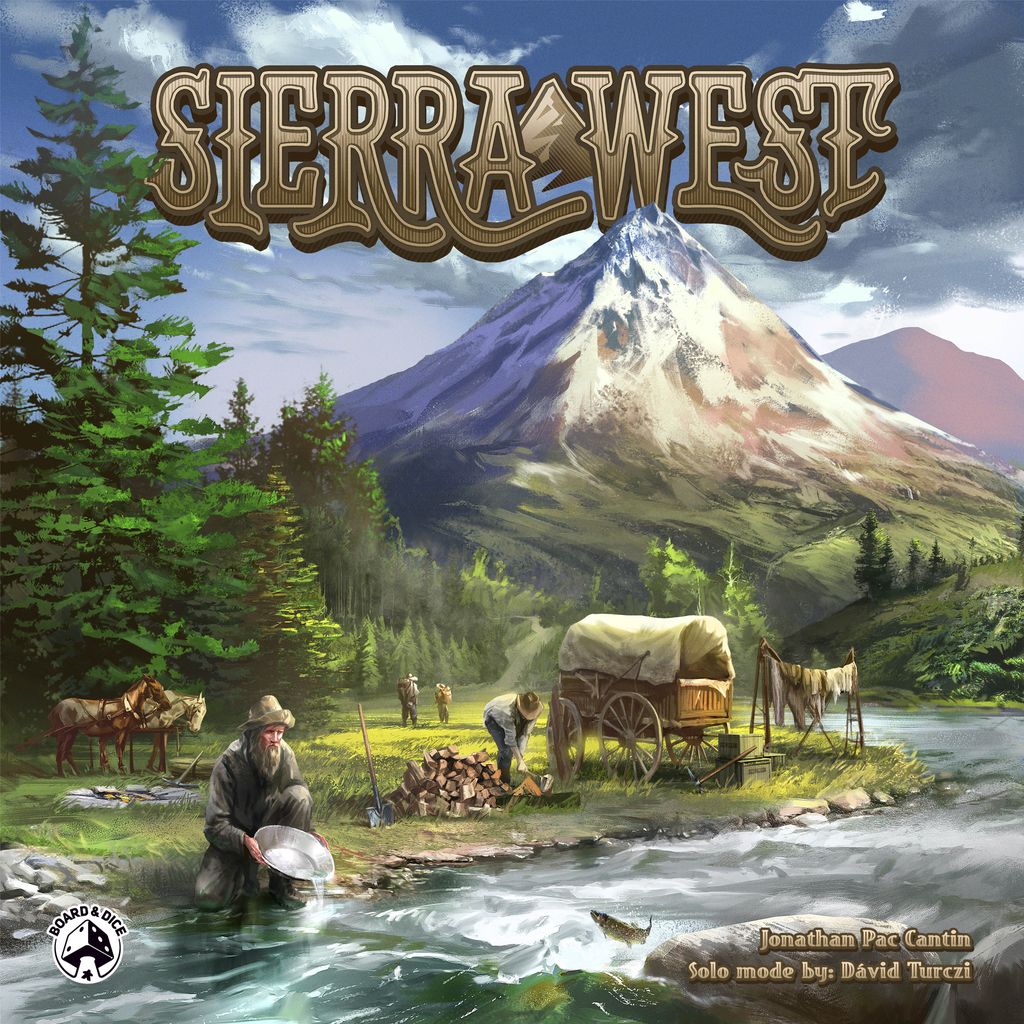 The Sierra West board game by Board & Dice features pioneers in the wilderness: one pans for gold by a river, others are near a campfire, with pine trees and a snow-capped mountain behind—an epic adventure strategy game.