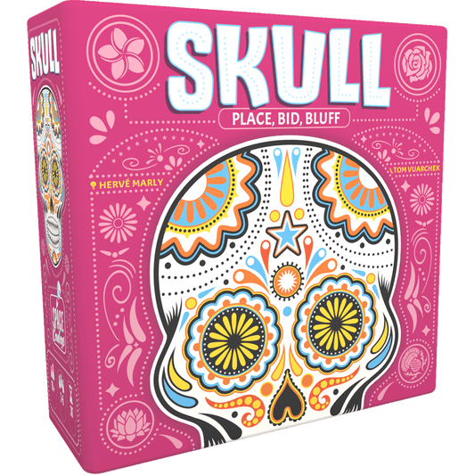A pink box for the Skull board game by Space Cowboys, featuring vibrant Day of the Dead-inspired skull art and bold SKULL lettering. Includes the tagline "Place, Bid, Bluff" for this risk-taking bluffing game.