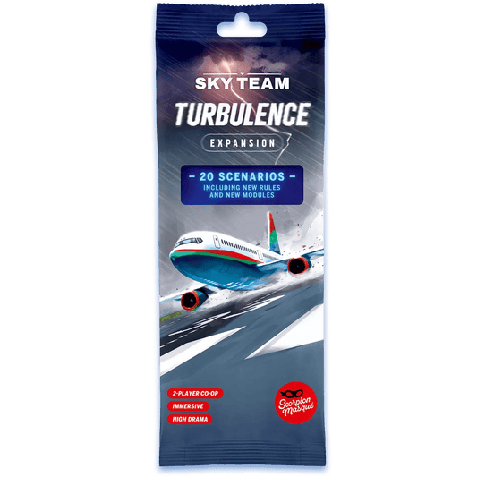 The Sky Team: Turbulence Expansion by Scorpion Masqué comes in a rectangular box with a plane flying through storms, highlighting 20 scenarios and promising immersive, high-drama gameplay.