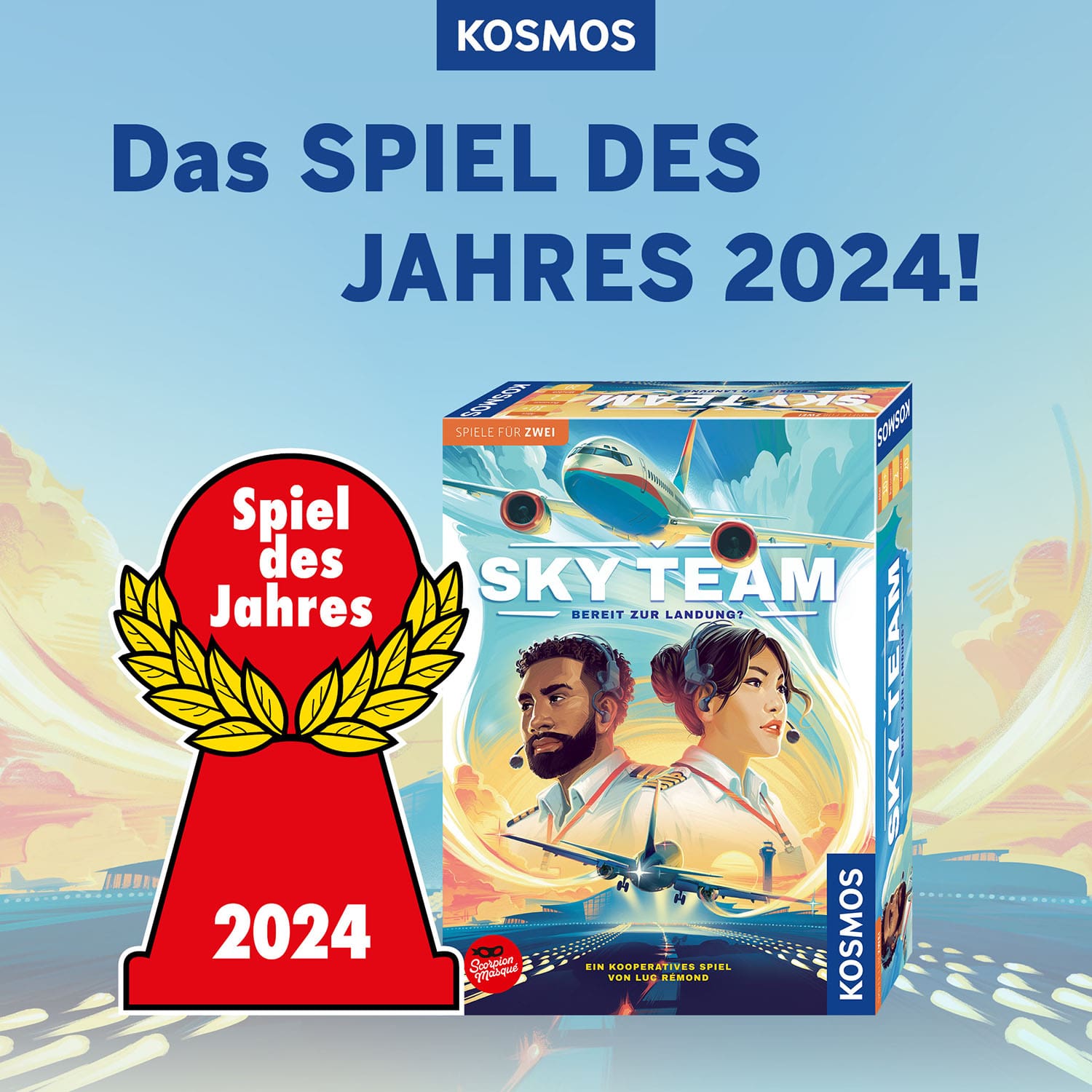 The Sky Team (German Version) board game by Kosmos features two illustrated pilots on the box, labeled as a kooperatives Spiel. It displays the red Spiel des Jahres 2024 award symbol and reads "Das SPIEL DES JAHRES 2024!" with the Kosmos logo at the top.