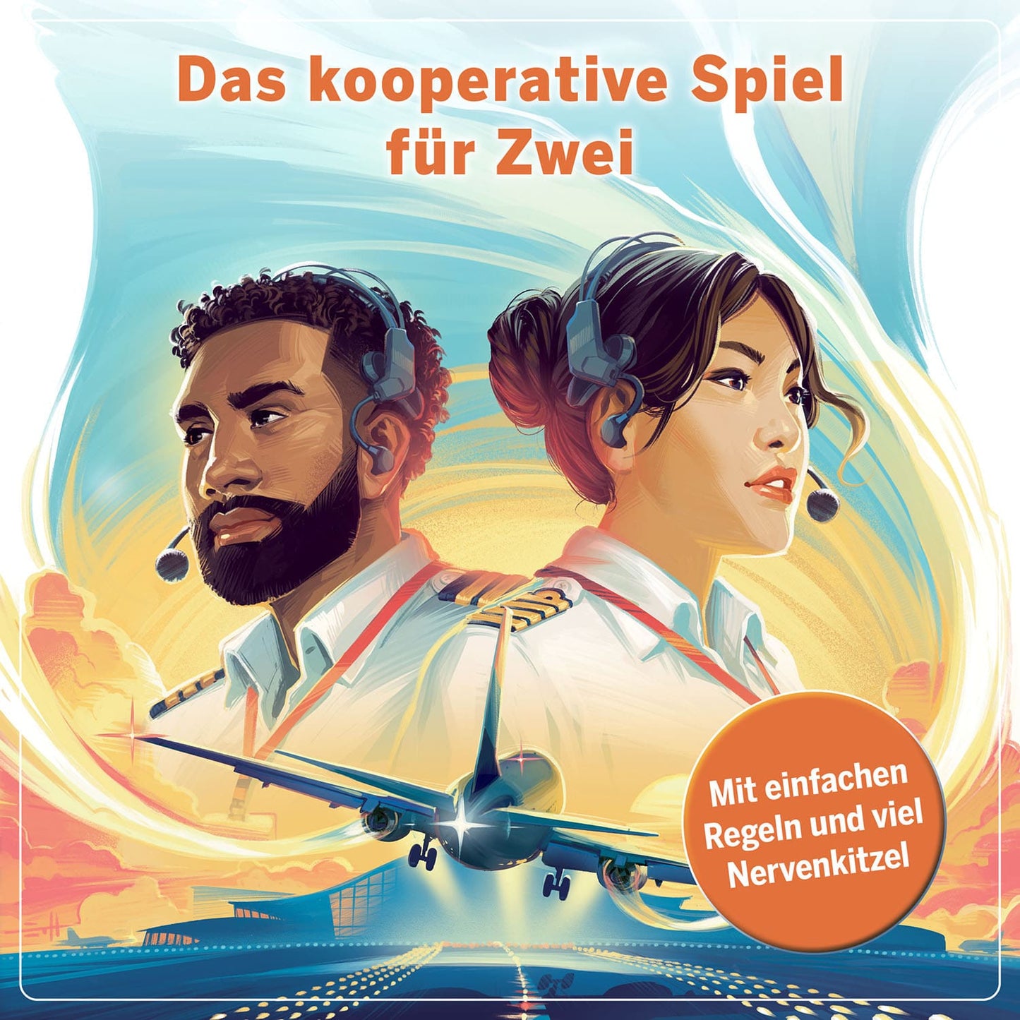 Zwei Pilot:innen mit Headsets stehen selbstbewusst vor Flugzeug und Landebahn. Die lebendige Szene macht Lust auf das kooperative Spiel Sky Team (German Version) von Kosmos: Gemeinsam sicher landen!.