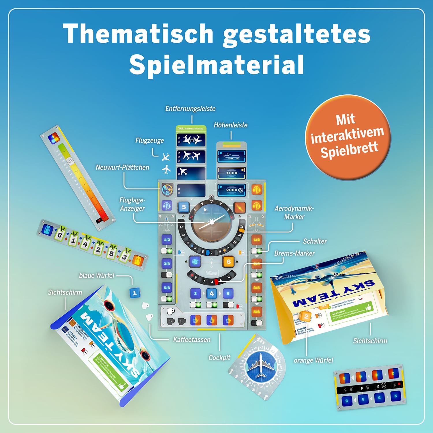 Kosmos Sky Team (German Version) is a colorful, aviation-themed board game with interactive cards, dice, tokens, and airplane pieces. Features German text and labels on a blue gradient background.