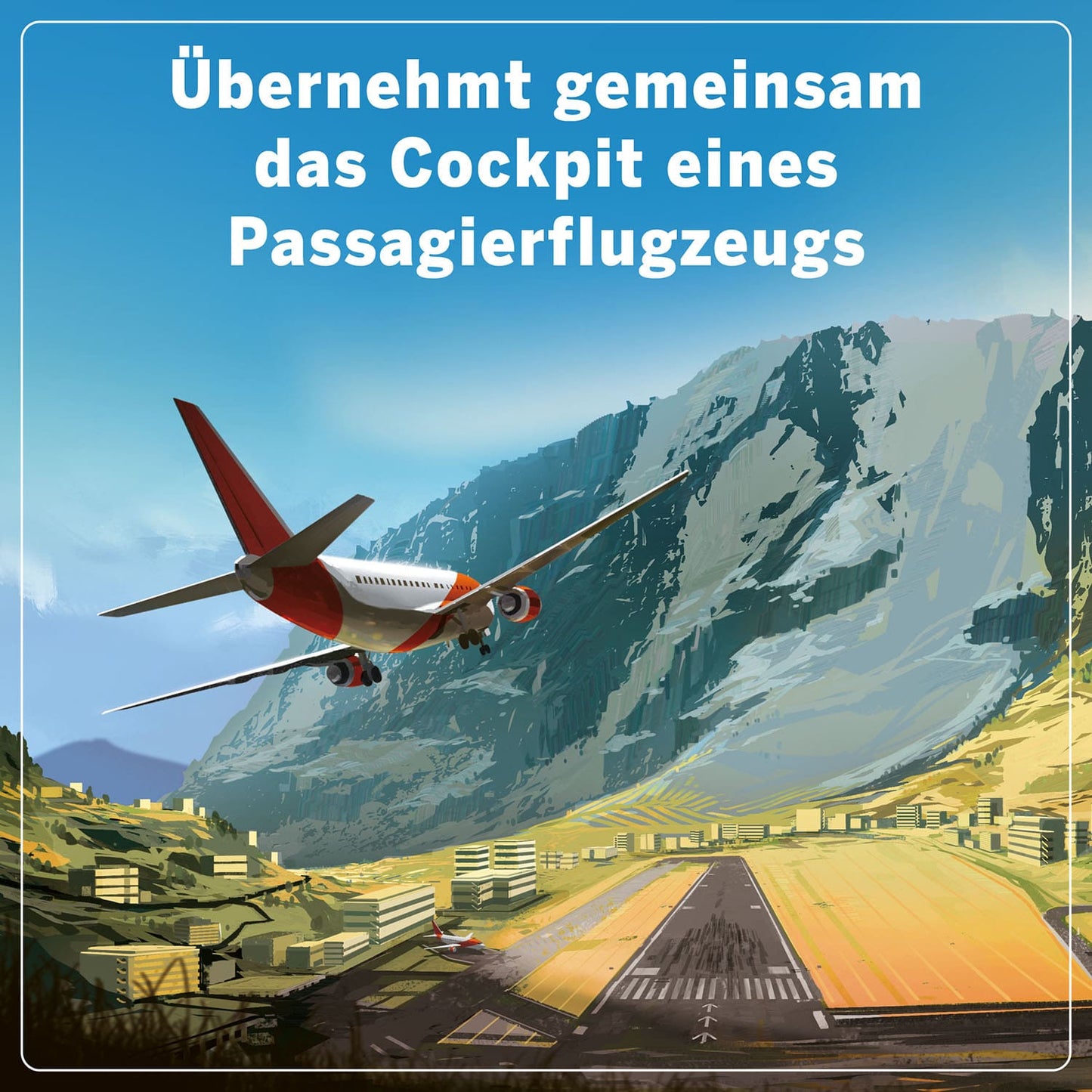 An illustration of a passenger airplane approaching a mountain runway appears above the German text: Übernehmt gemeinsam das Cockpit eines Passagierflugzeugs in Kosmos' Sky Team (German Version).