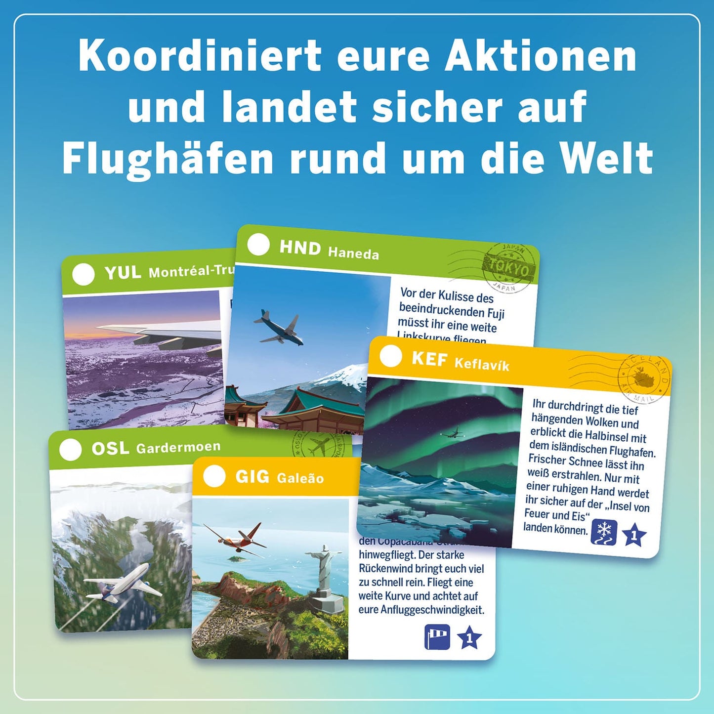 Four illustrated airport cards (YUL, HND, KEF, OSL, GIG) with planes and scenic backgrounds are shown under the German text promoting Sky Team (German Version) by Kosmos—a cooperative game about safely landing planes worldwide.