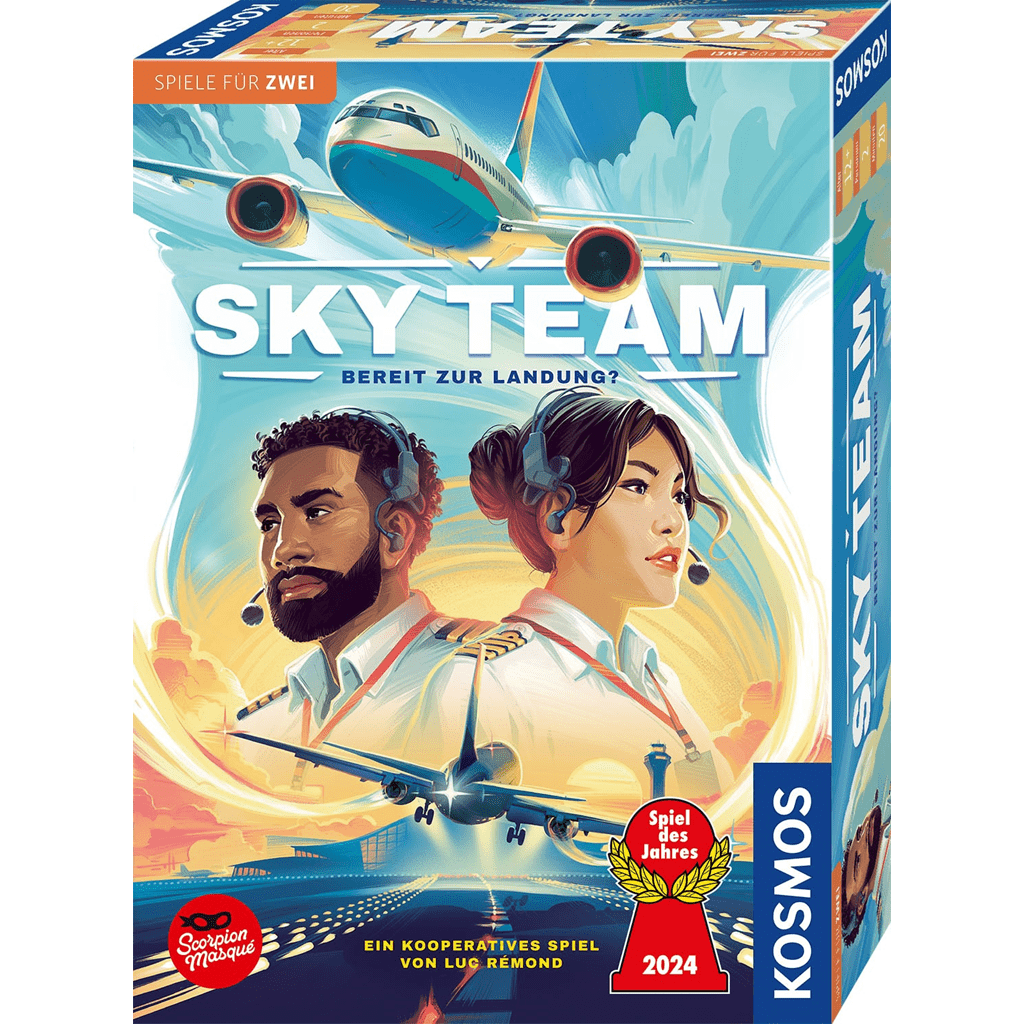 The box cover of Sky Team (German Version) by Kosmos shows a male and female pilot, an airplane landing, clouds, the title "Sky Team," “Bereit zur Landung?”, awards, and bright, dynamic artwork.