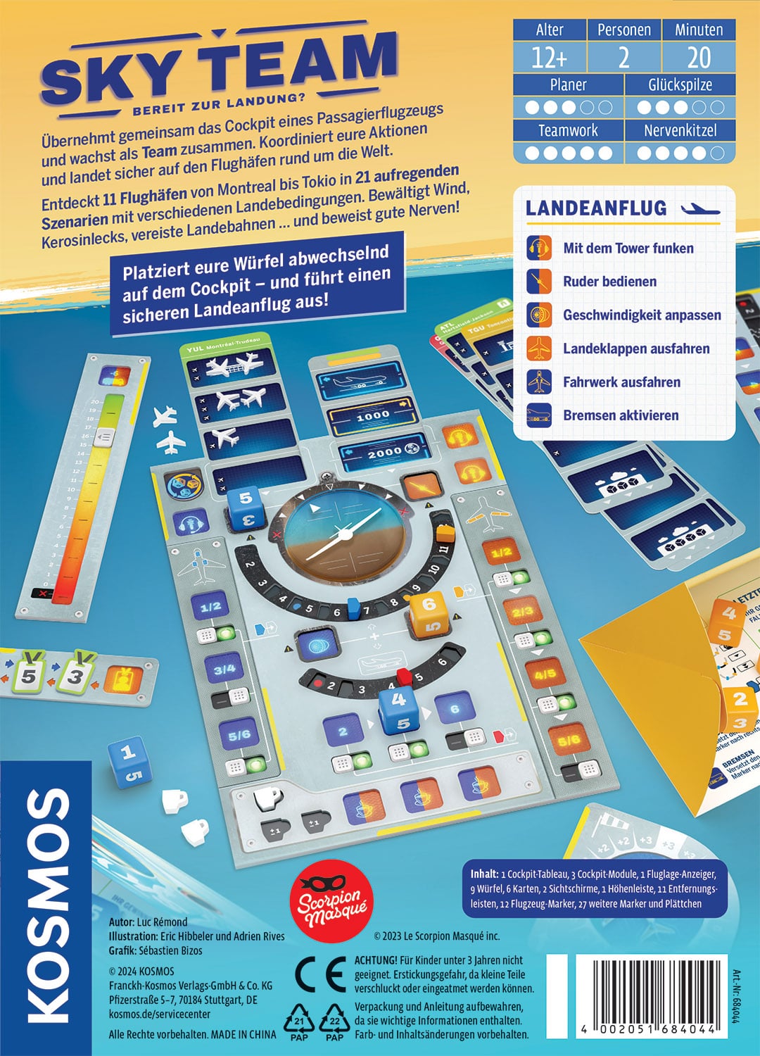 Back cover of Sky Team (German Version) by Kosmos: Shows the cooperative game’s setup with colorful cards, tokens, dice, and cockpit board inviting teamwork to land a plane. Game details and instructions are shown on the right.