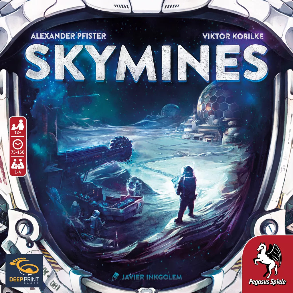 A person in a spacesuit stands on a moon-like surface with mining gear, gazing at futuristic buildings under a starry sky. SKYMINES by Pegasus Spiele hints at thrilling Moon mining and helium-3 adventures in this board game.